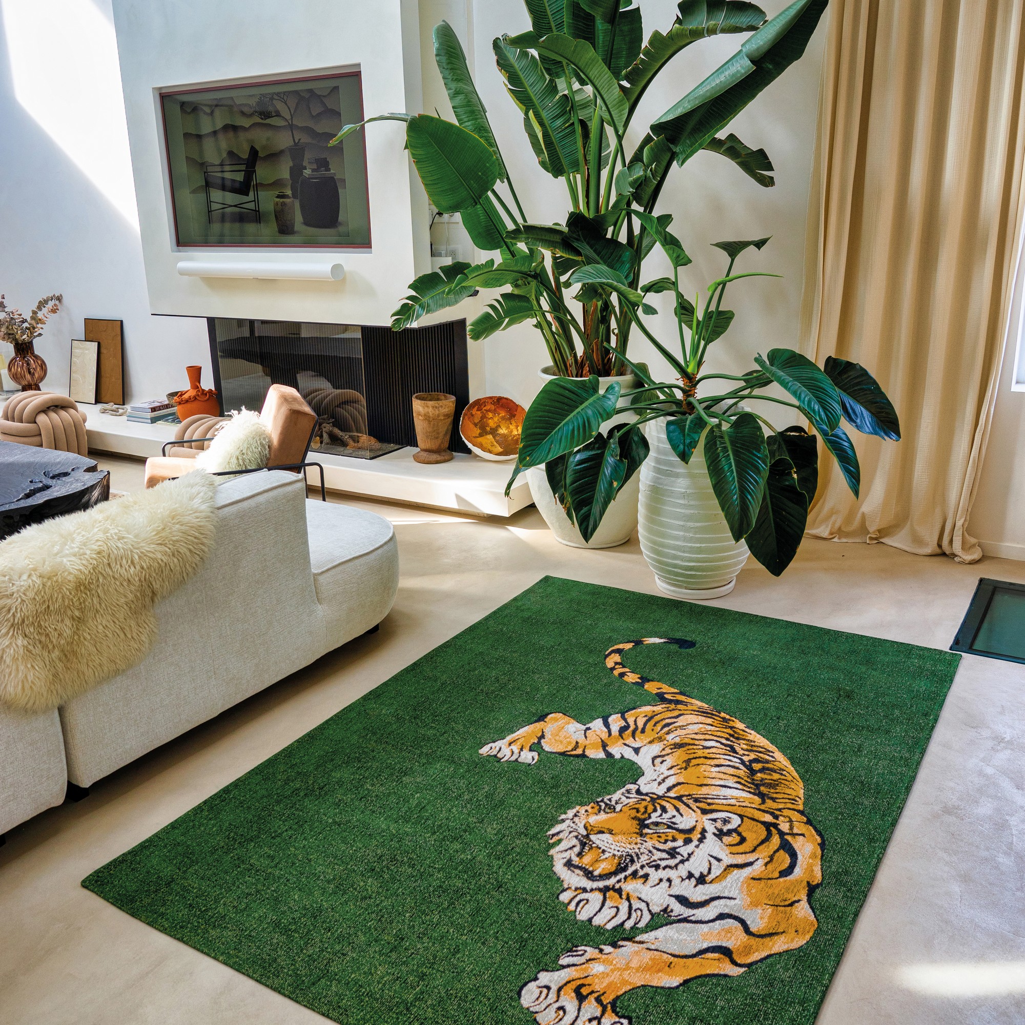 Louis De Poortere Designer Tiger Rugs In 9388 Green On Fire